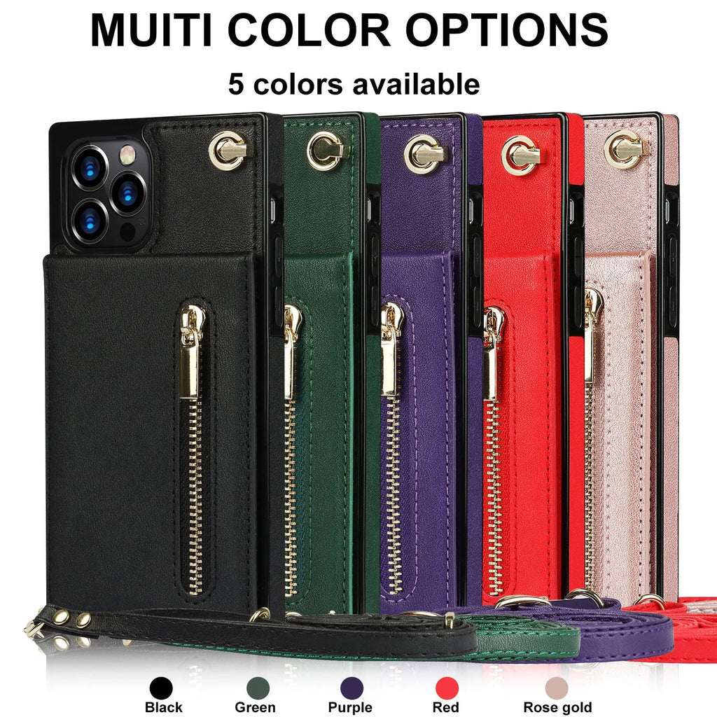 Leather and TPU protective phone case for smartphone in black, green, purple, red, and rose gold colours.