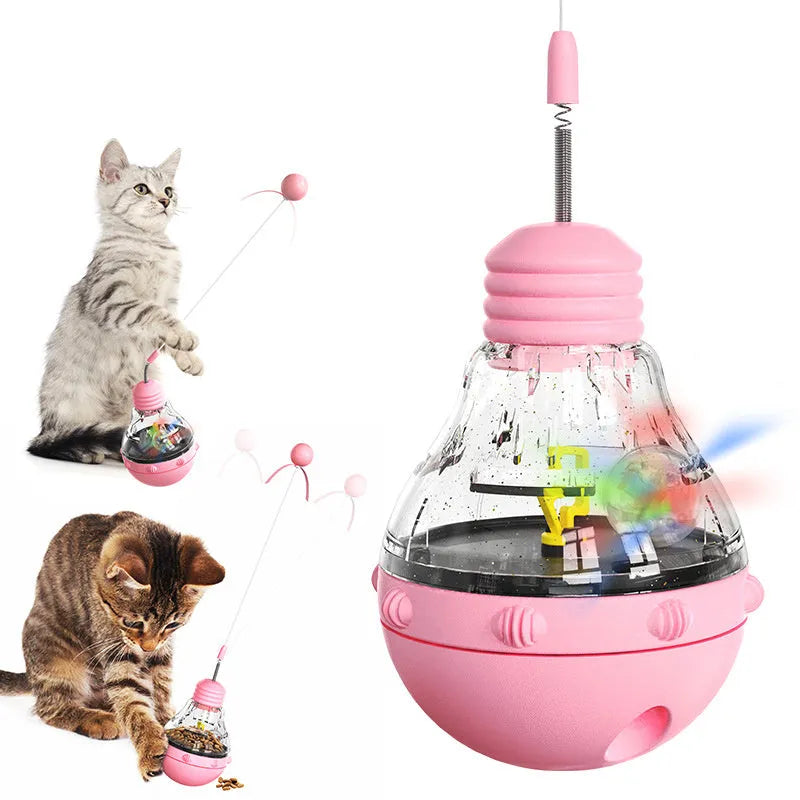 Multifunction cat interactive toy wand with slow feeder in pink, purple or yellow colours