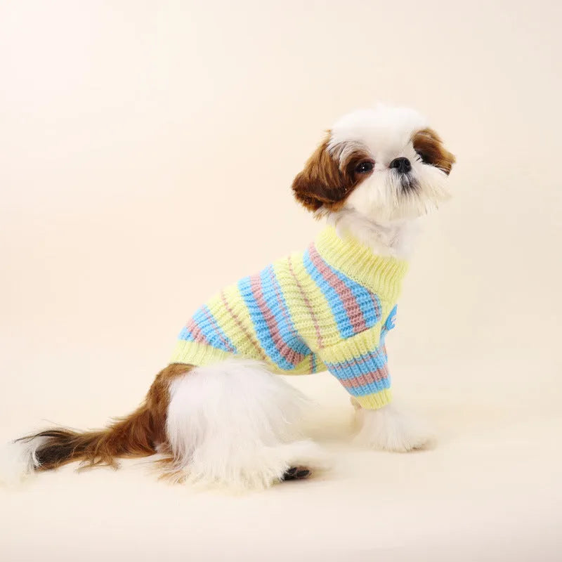 Blue and yellow striped wool sweater for small dog breeds on mannequin showing size options