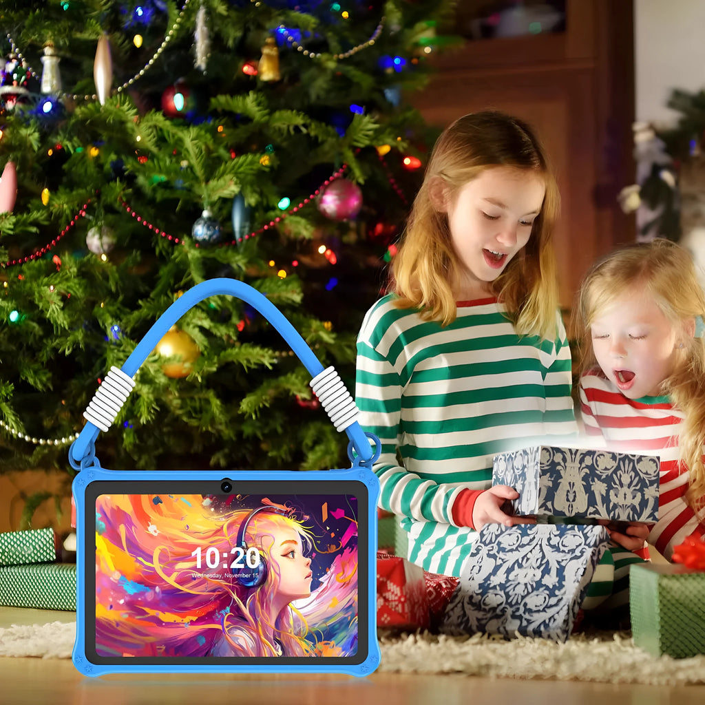 Sapphire blue silicone protective case for 7-inch children's tablet with flat strap and HD screen film