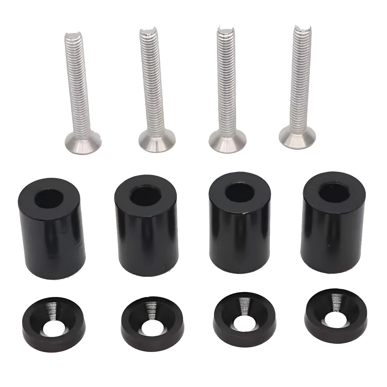 Aluminium alloy machine cover pad height sheet kit with screws, nuts, washers in red, blue, black colours.