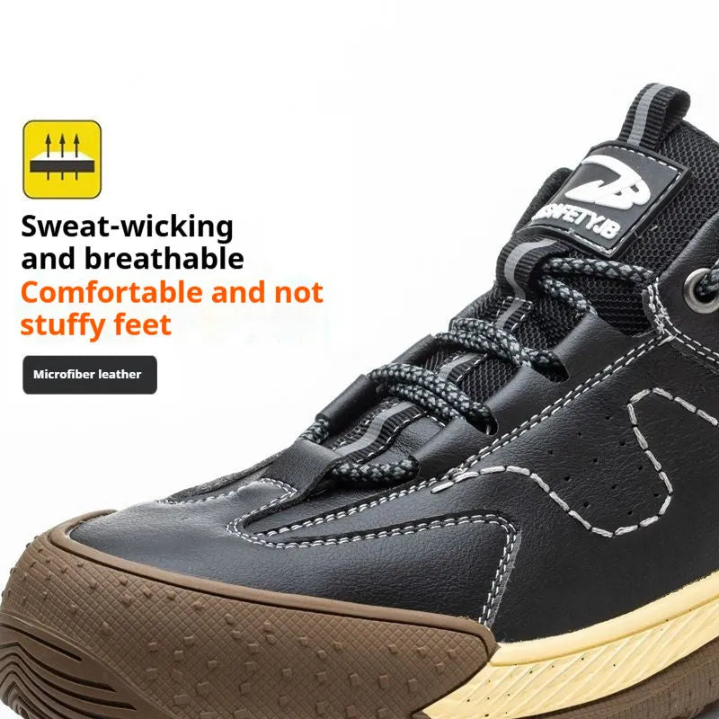 Leather safety work shoes with rubber sole in black colour showing workplace footwear design