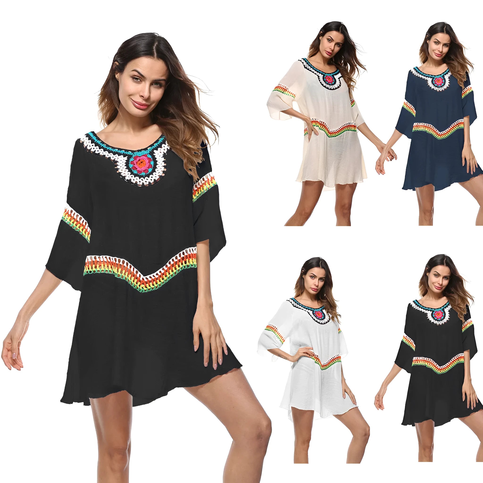 Crocheted ethnic style sun protection beach clothing for women in white, black, sapphire blue, or apricot.