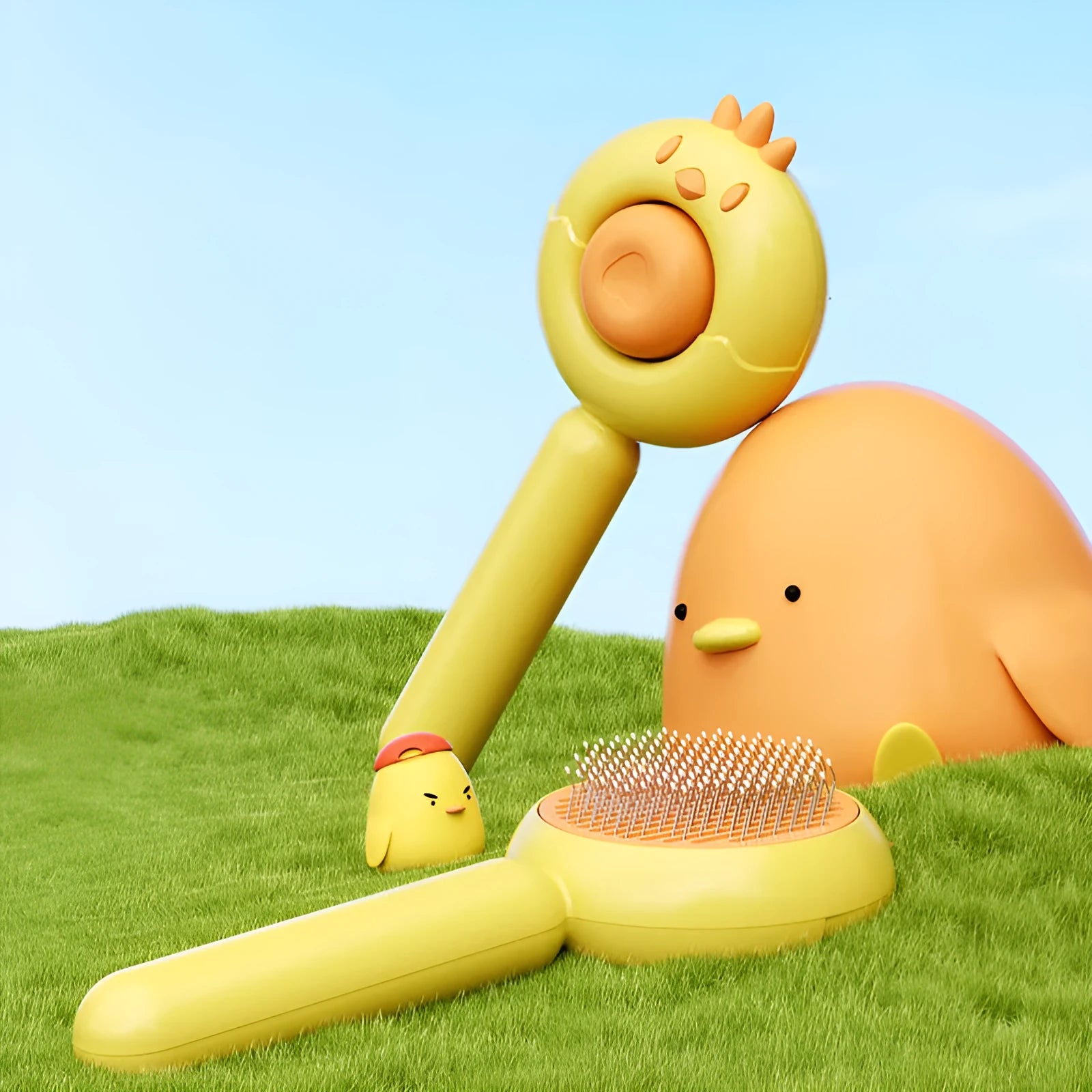Purple, white, or yellow self-cleaning pet grooming brush with bent stainless steel bristles.