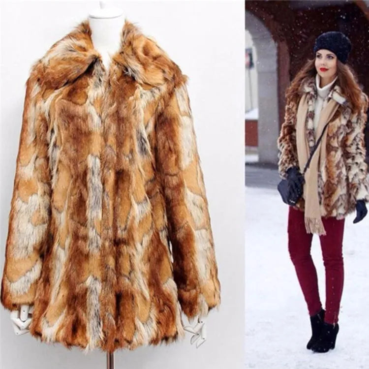 Women's tiger pattern faux fur leather jacket with slim fit and 65cm medium length