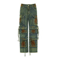 Women's loose cargo denim trousers with gradient colour pockets and street hipster styling