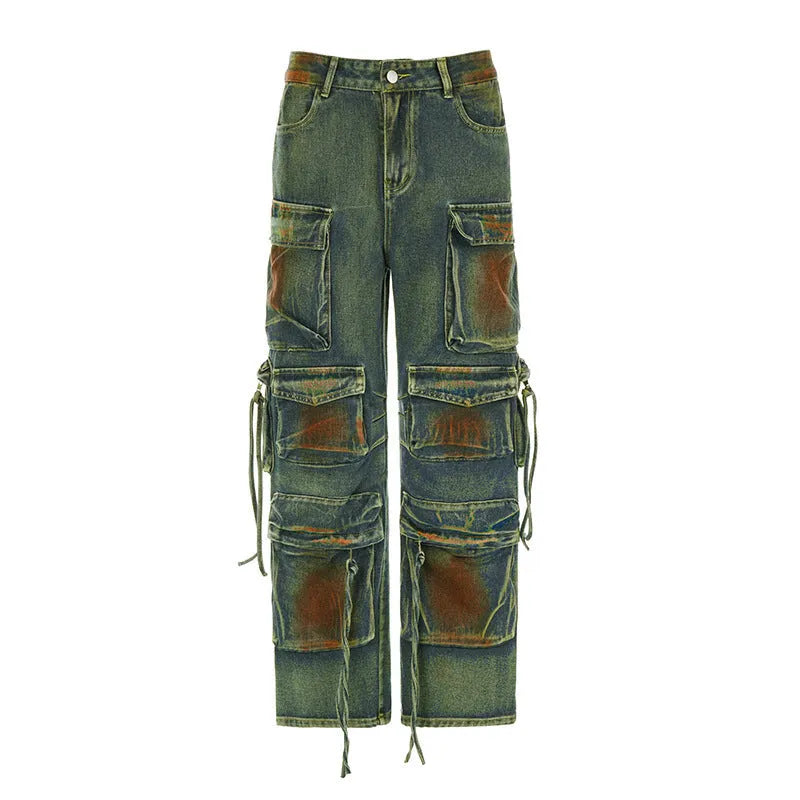 Women's loose cargo denim trousers with gradient colour pockets and street hipster styling