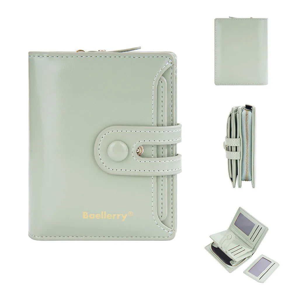 Slim black PU leather women's wallet open to show card slots and a zipped coin compartment.