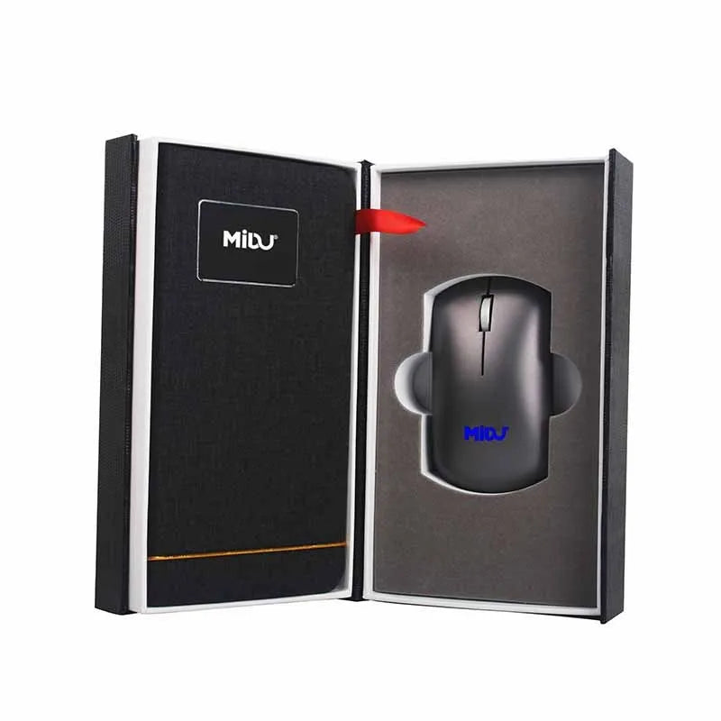 Folding wireless charging mouse pad set with luminous surface, black cloth pad, and wireless mouse on desk