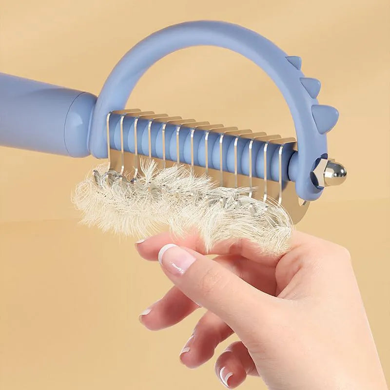 Self-cleaning cat brush with cute dinosaur shape, double-sided stainless steel pins, blue colour option