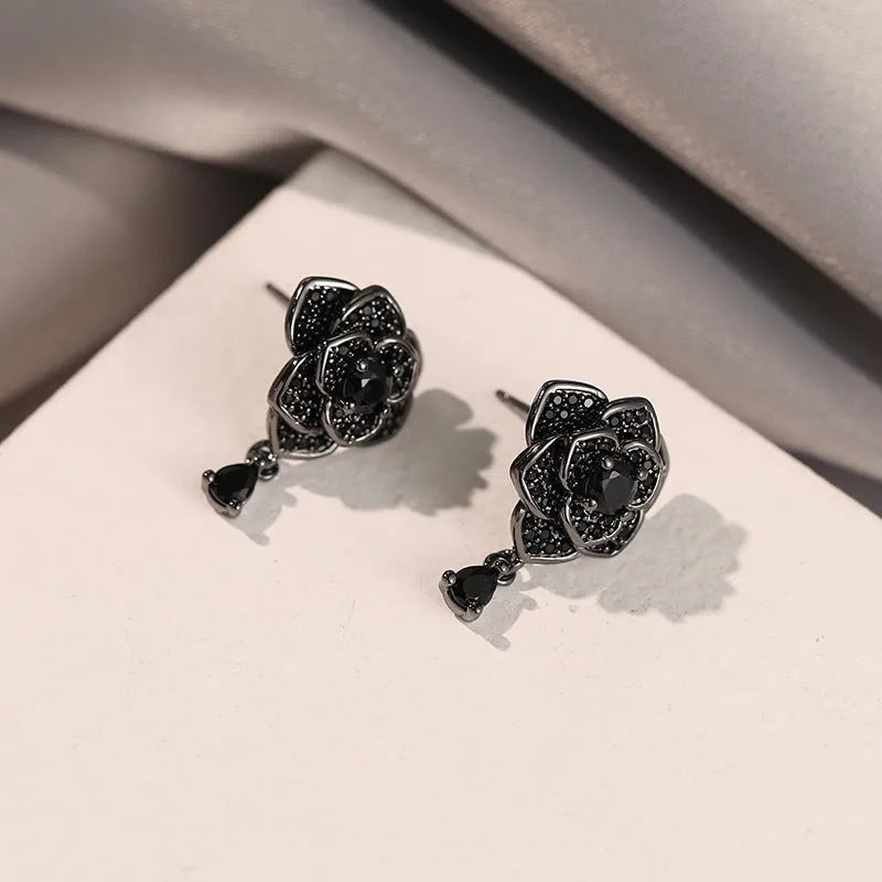 18K black rose zircon flower stud earrings for women, copper electroplated with cubic zirconia
