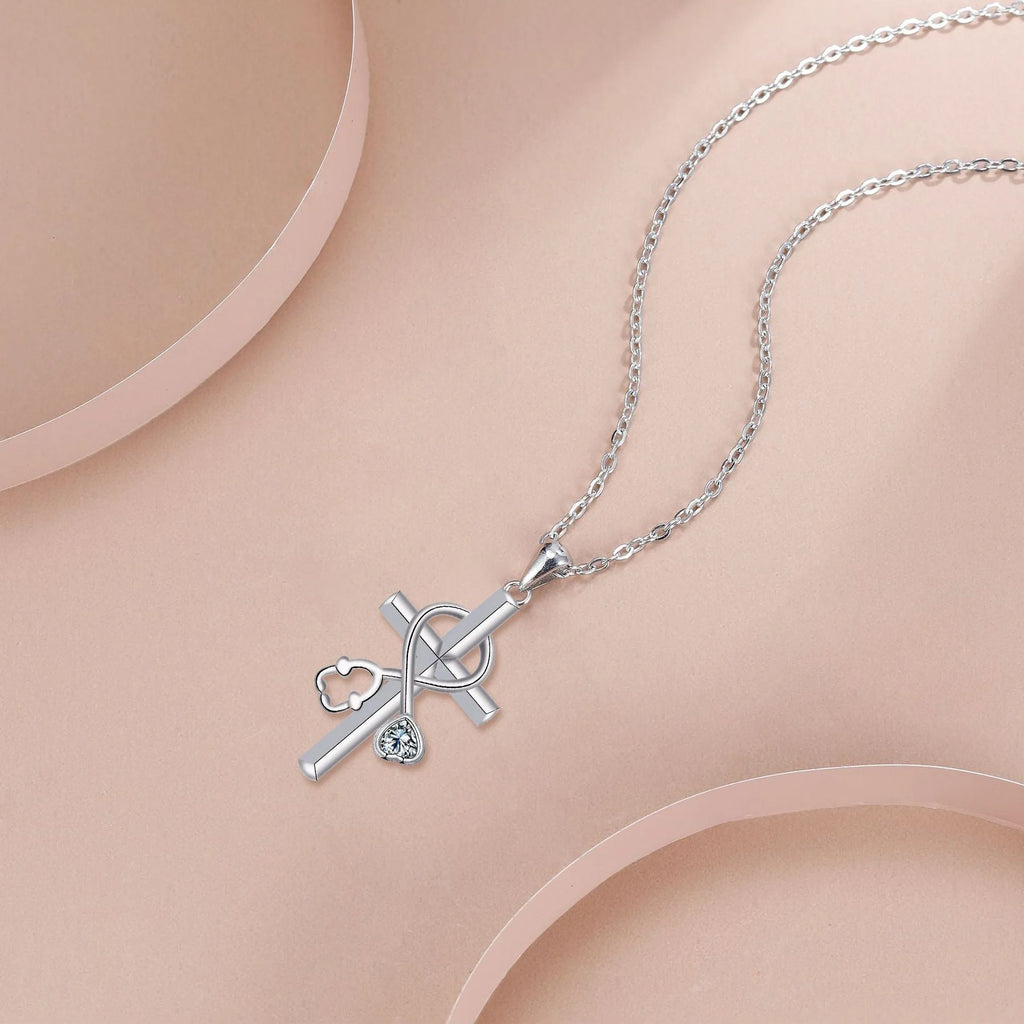 Copper cross stethoscope necklace with electroplated finish for women