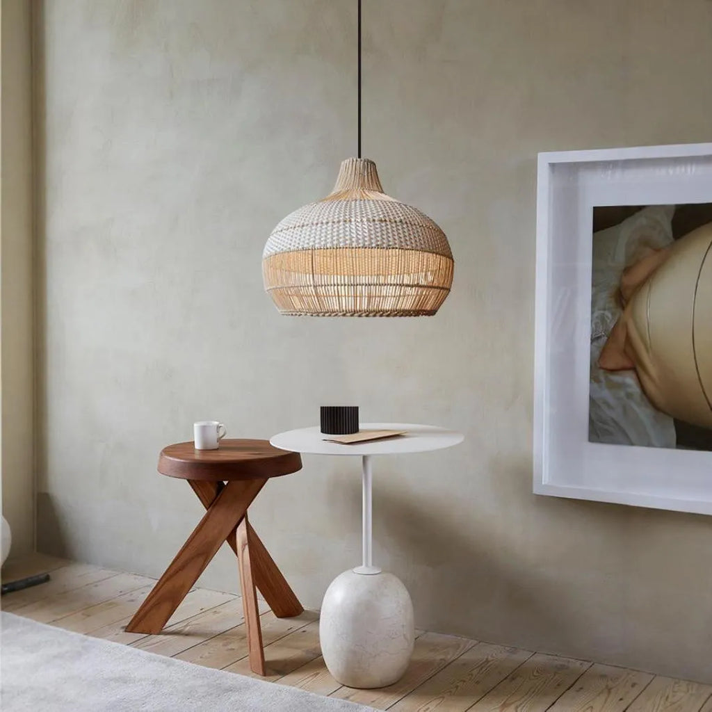 Rattan woven chandelier with 60cm diameter in a pastoral Southeast Asian style.