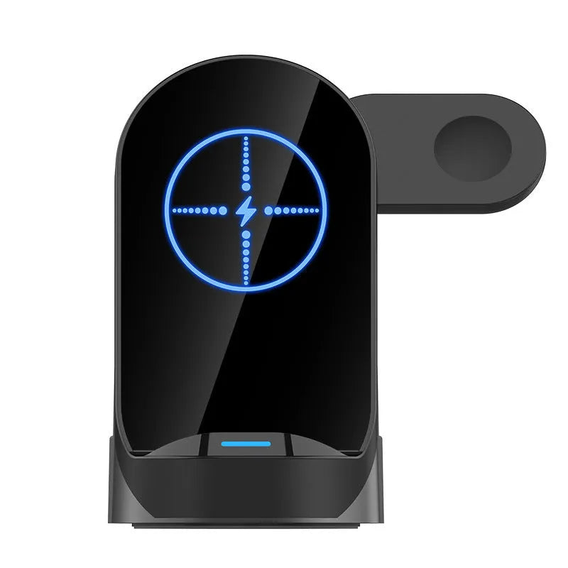 Black grey foldable 3-in-1 wireless charger vertical stand for phones, watches, and earbuds