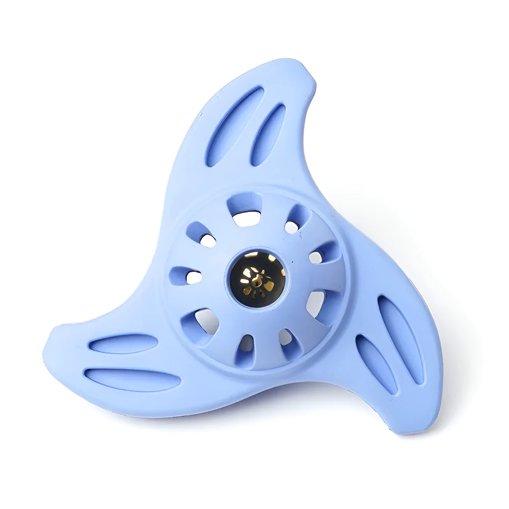 Blue bite-resistant boomerang shaped dog toy for large breed chewers.