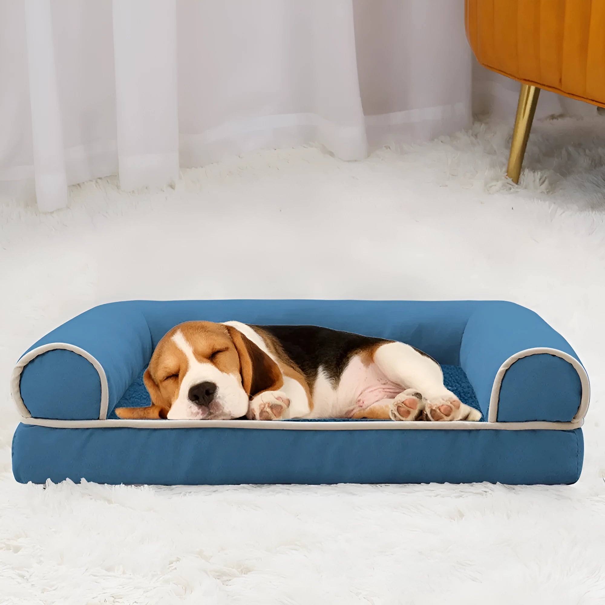 Rectangular sponge dog bed with breathable cloth cover in blue colour