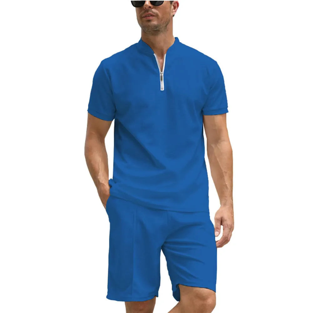 Men's solid colour polo shirt suit two-piece set with short sleeves in beaded bird's eye fabric