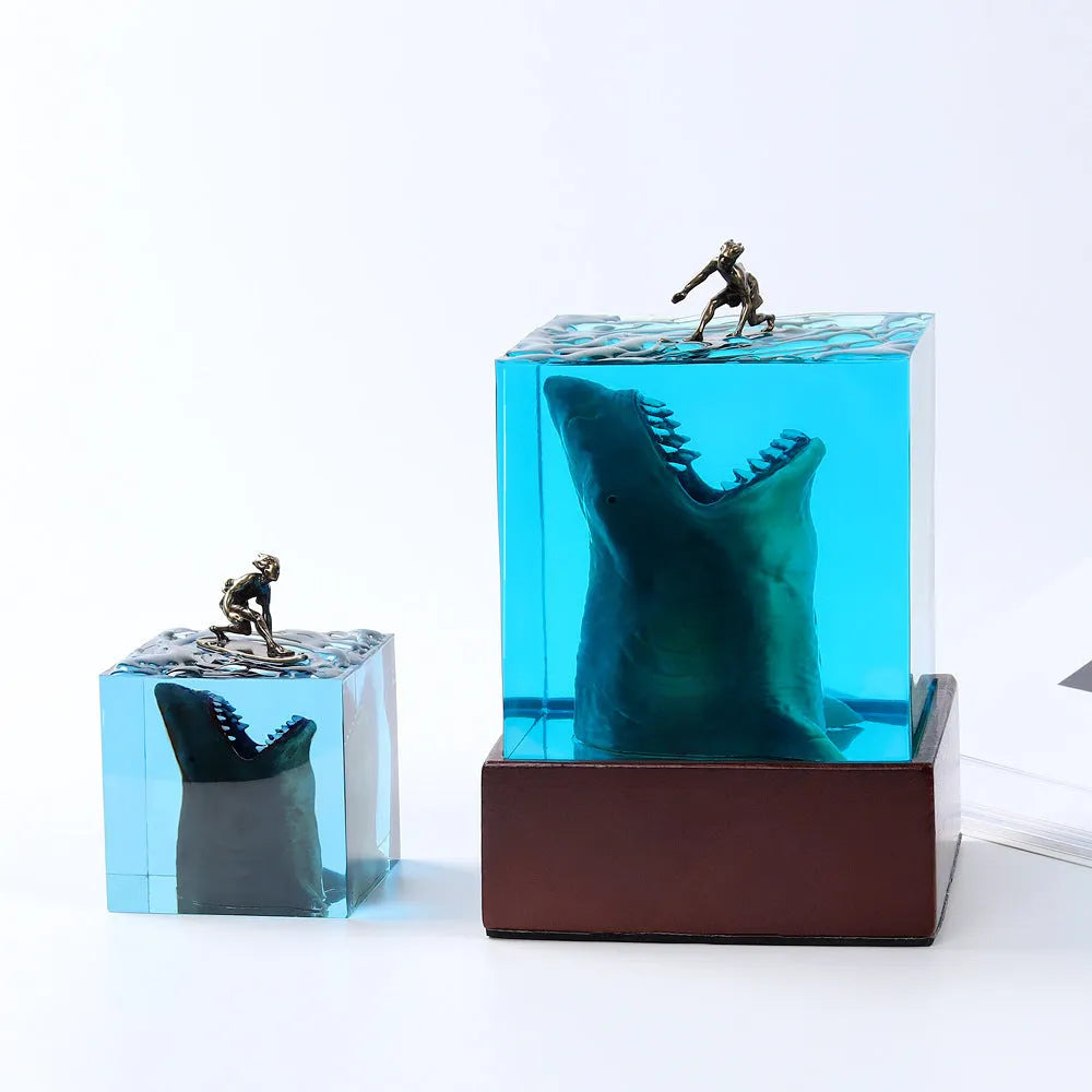 Ocean Shark Surfer micro landscape night light ornament, epoxy resin, 5cm or 8cm with lamp holder