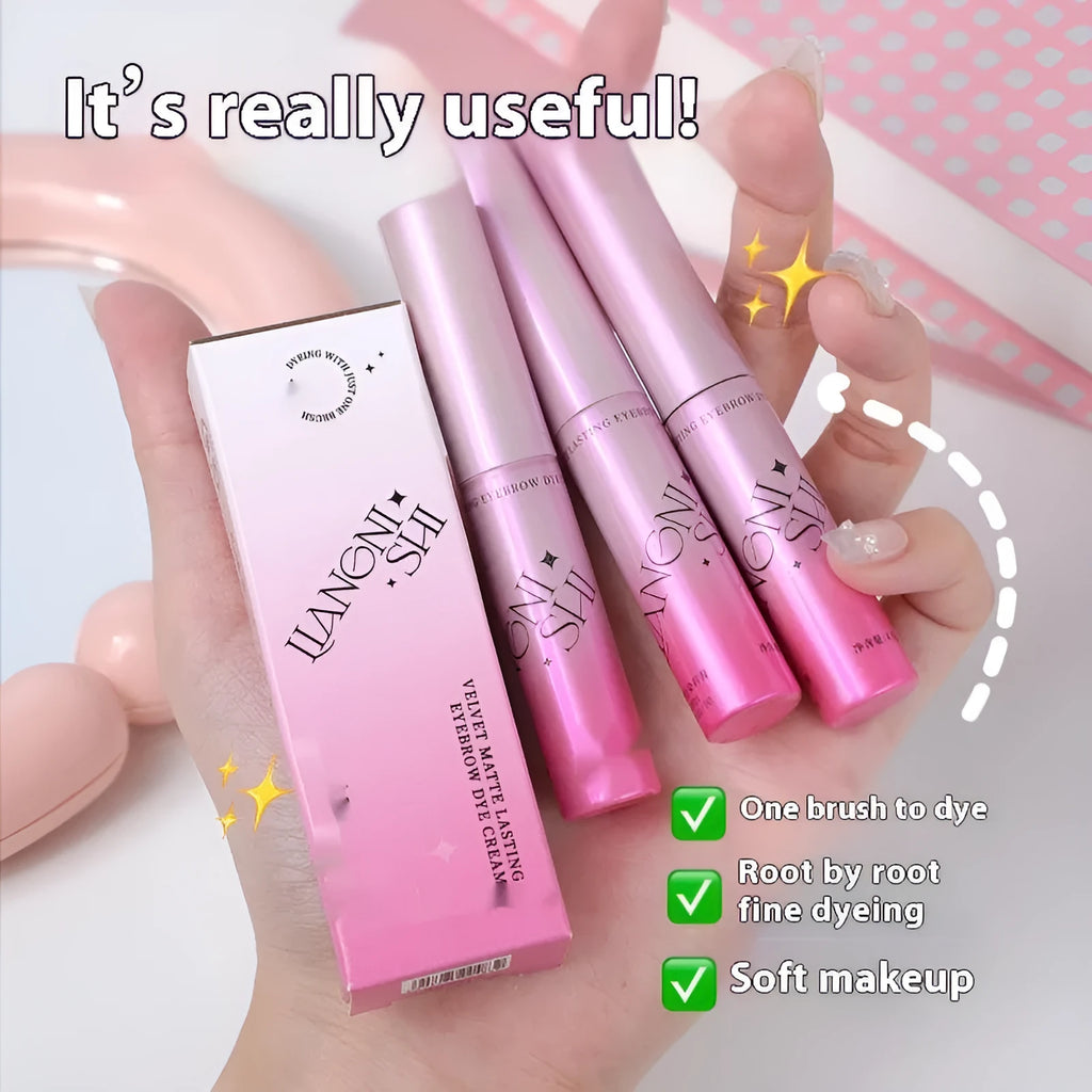 Velvet Fog eyebrow cream jar showing 4.5g net content with four shade options for natural brow definition