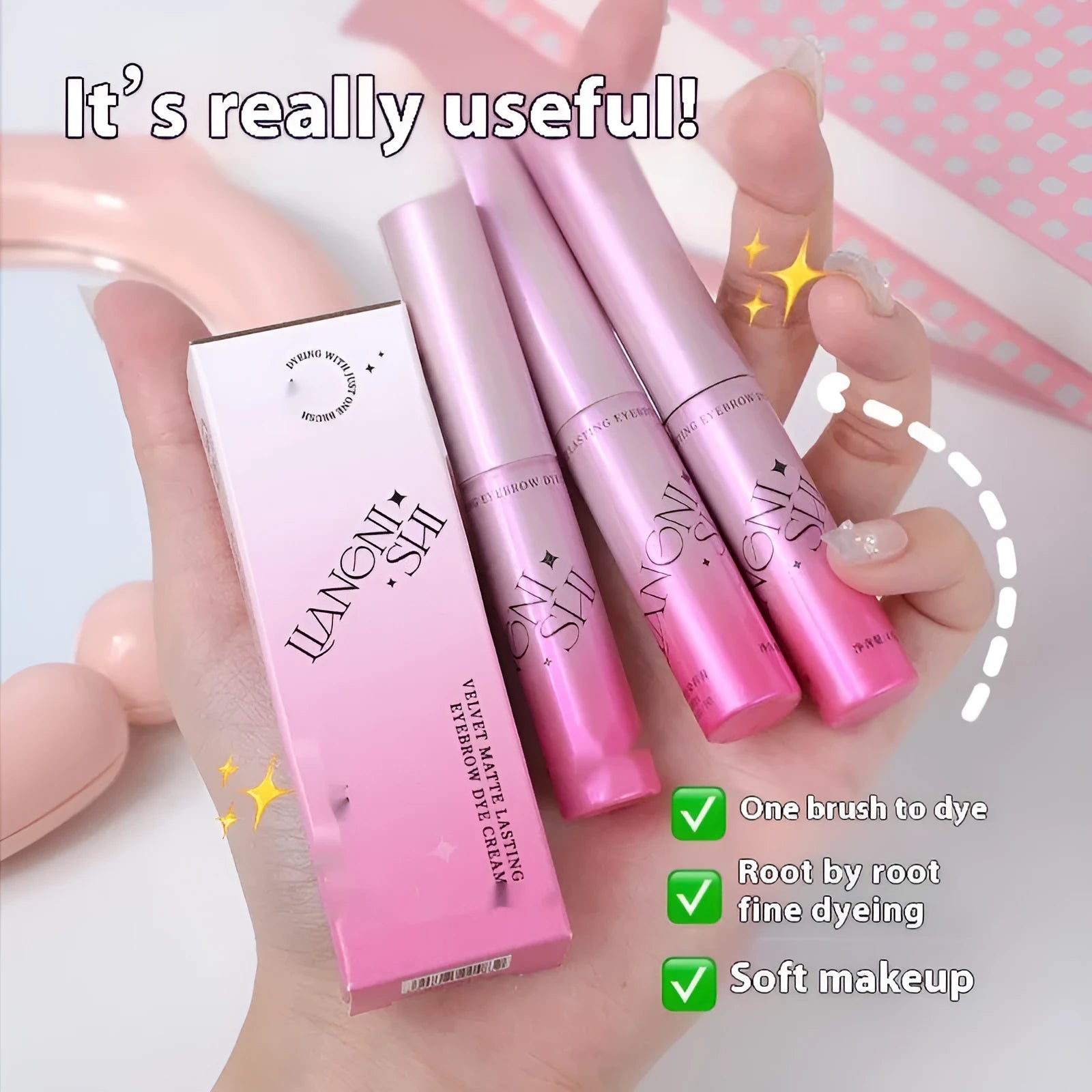 Velvet Fog eyebrow cream jar showing 4.5g net content with four shade options for natural brow definition