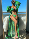 Two-piece banded bikini set with split long sleeve blouse and matching robe for swimming