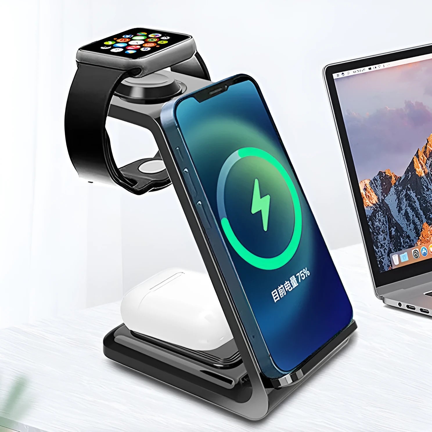 White 3-in-1 upright wireless charger with phone holder showing Type-C cable connection