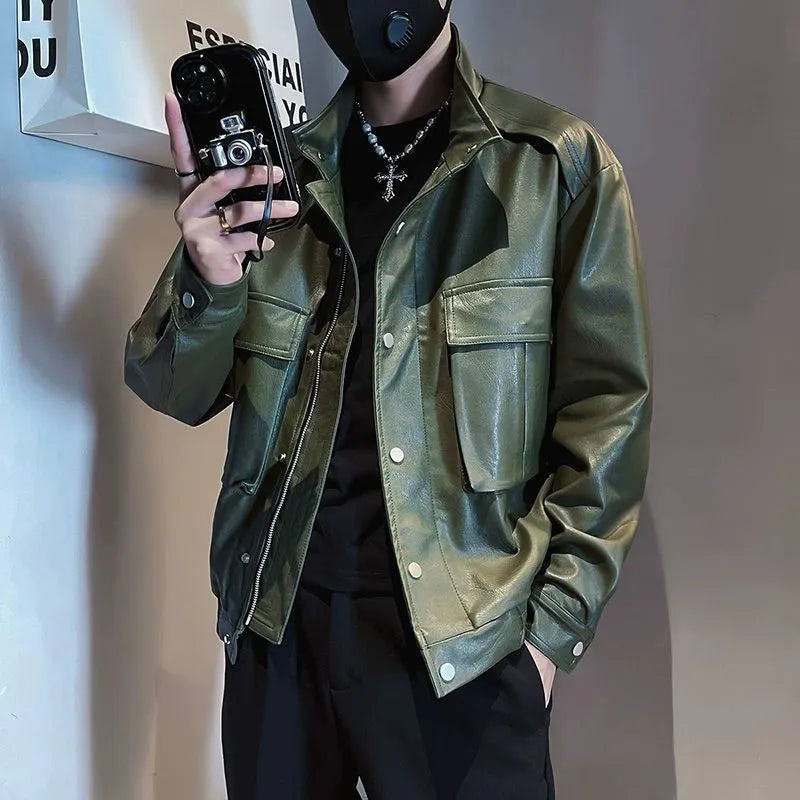 Men's black Korean style pilot leather jacket with straight hem and side pockets