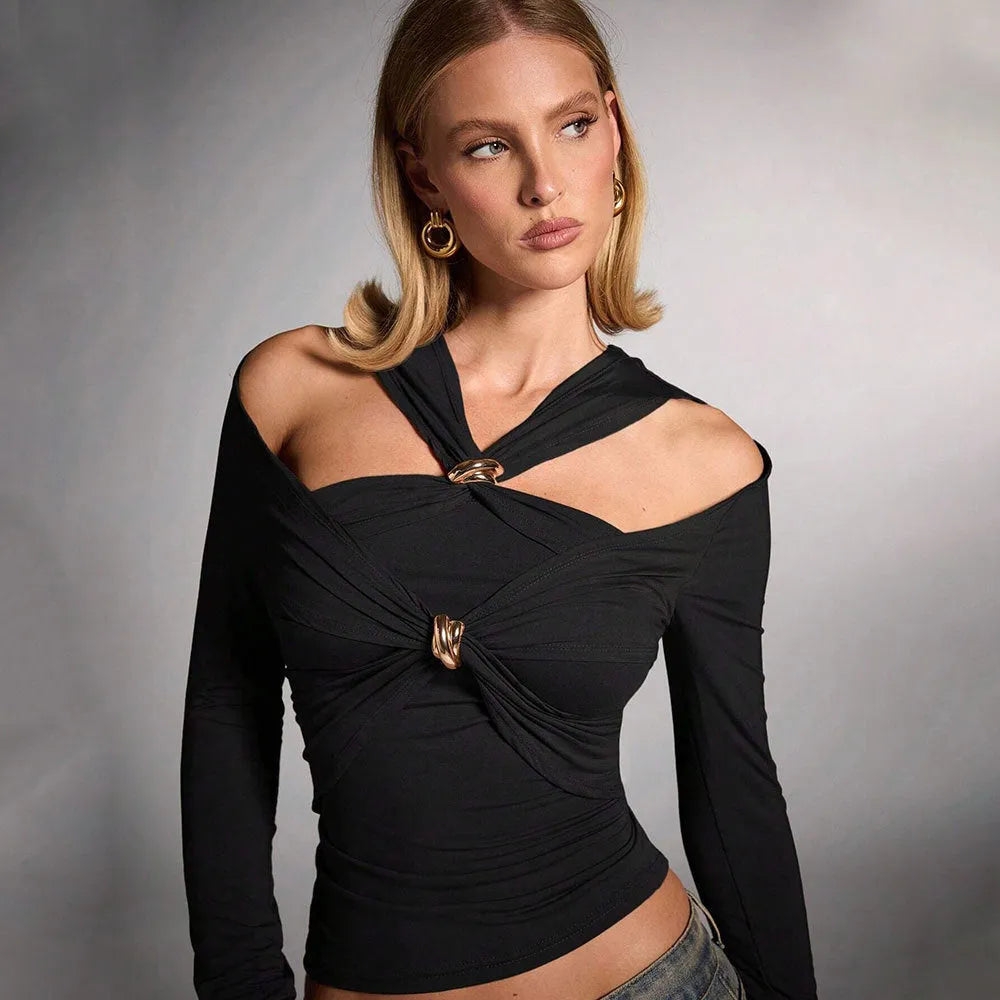 Black women's slim-fit halter top with long sleeves on a model.