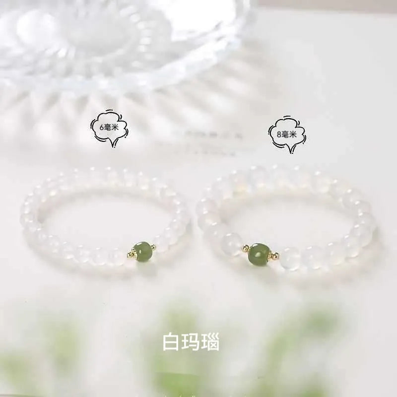 Natural white agate crystal bracelet with cinnabar inlay and lettering text on 8mm beads