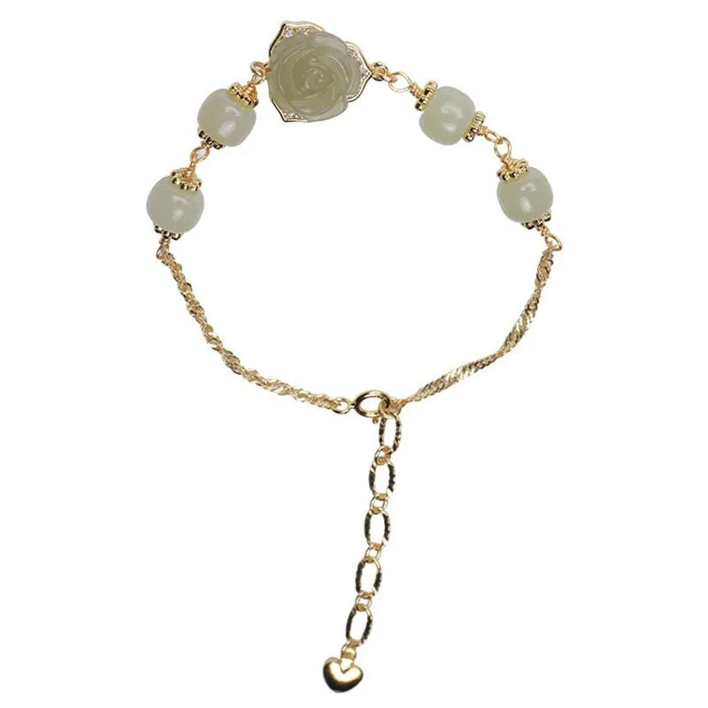 Handcrafted Hetian jade rose 14K gilded women's bracelet in flower shape with literature style