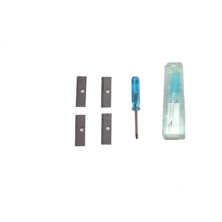 Geometric plastic pencil sharpener with four holes and included screwdriver tool on white background.