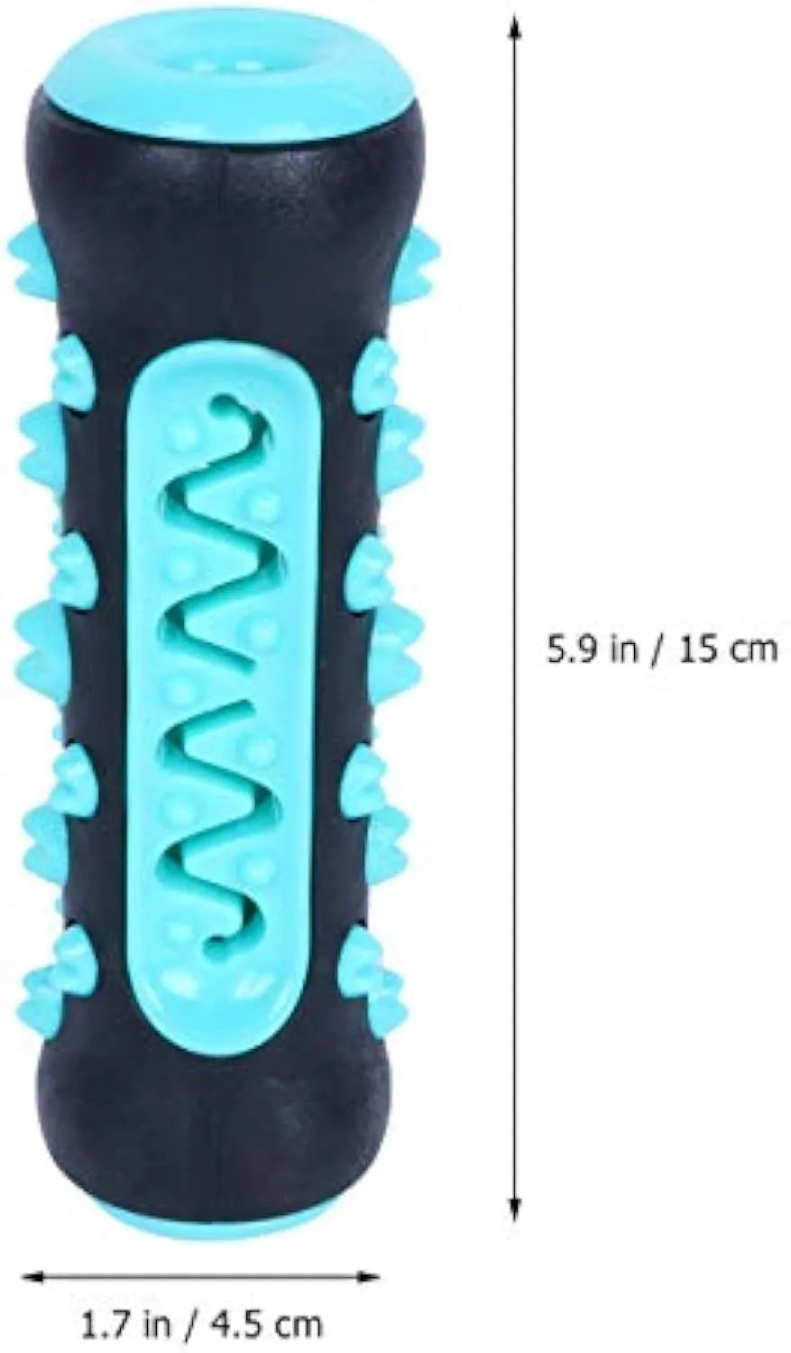 Natural rubber dog toothbrush chew toy for dental cleaning in blue, green, yellow, or black blue.