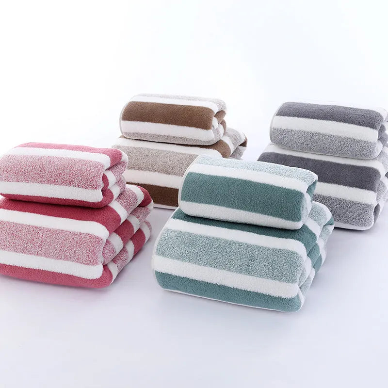 Soft coral fleece wide stripe towel in grey colour, 70x140cm bath size