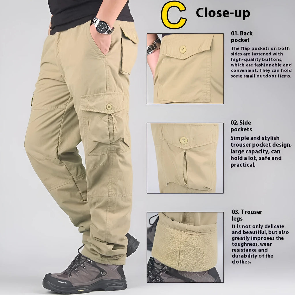Men's thick cotton overalls with velvet lining in Army Green, showing loose straight-leg fit.