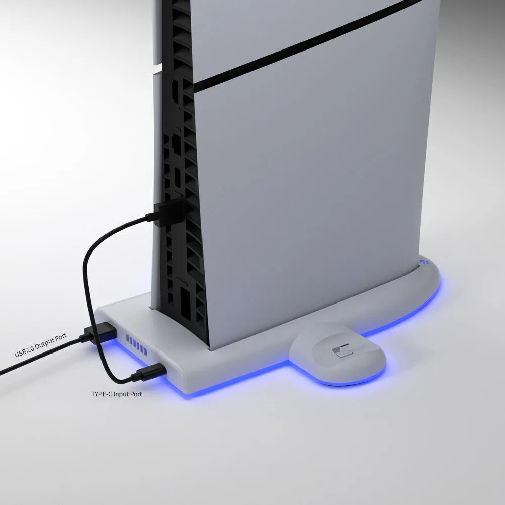 PS5 Slim charging base with cooler pad fan, RGB lighting, fixed charging belt, and USB port