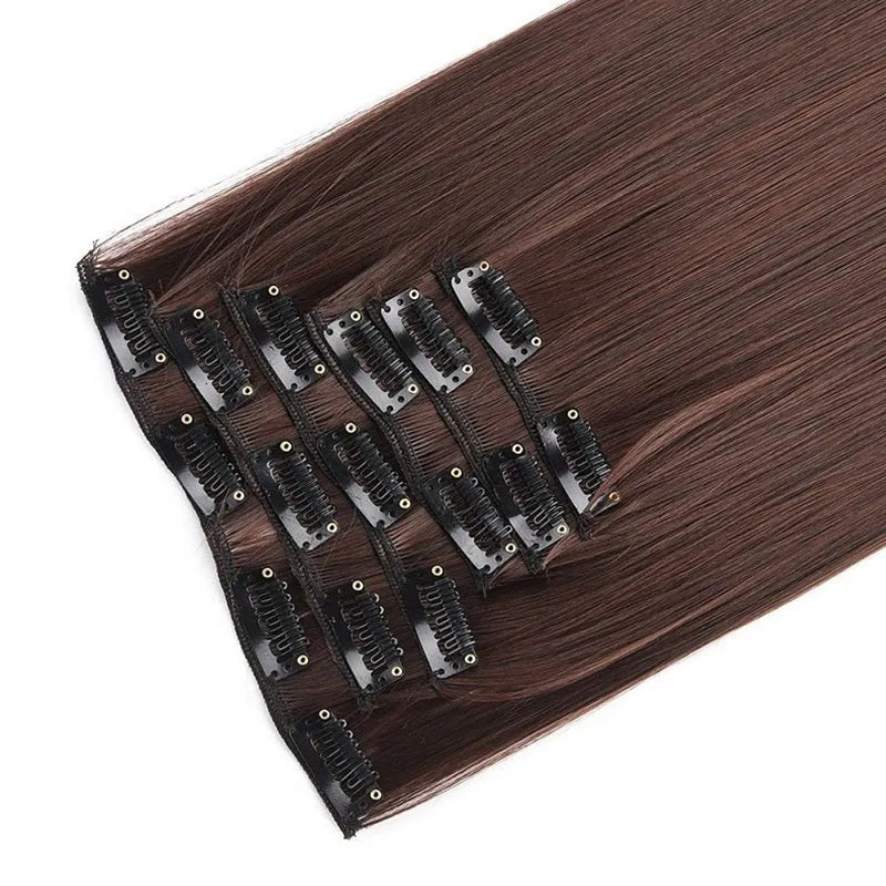 Long straight high temperature fibre wig extensions 6-piece set 60cm length colour 1B
