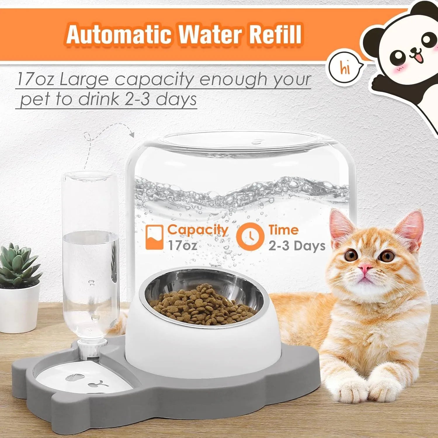 Raised cat bowl set with automatic water dispenser bottle in panda design
