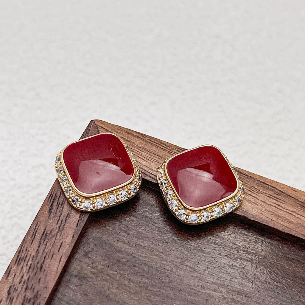Retro red geometric square earrings with alloy construction and inlaid design