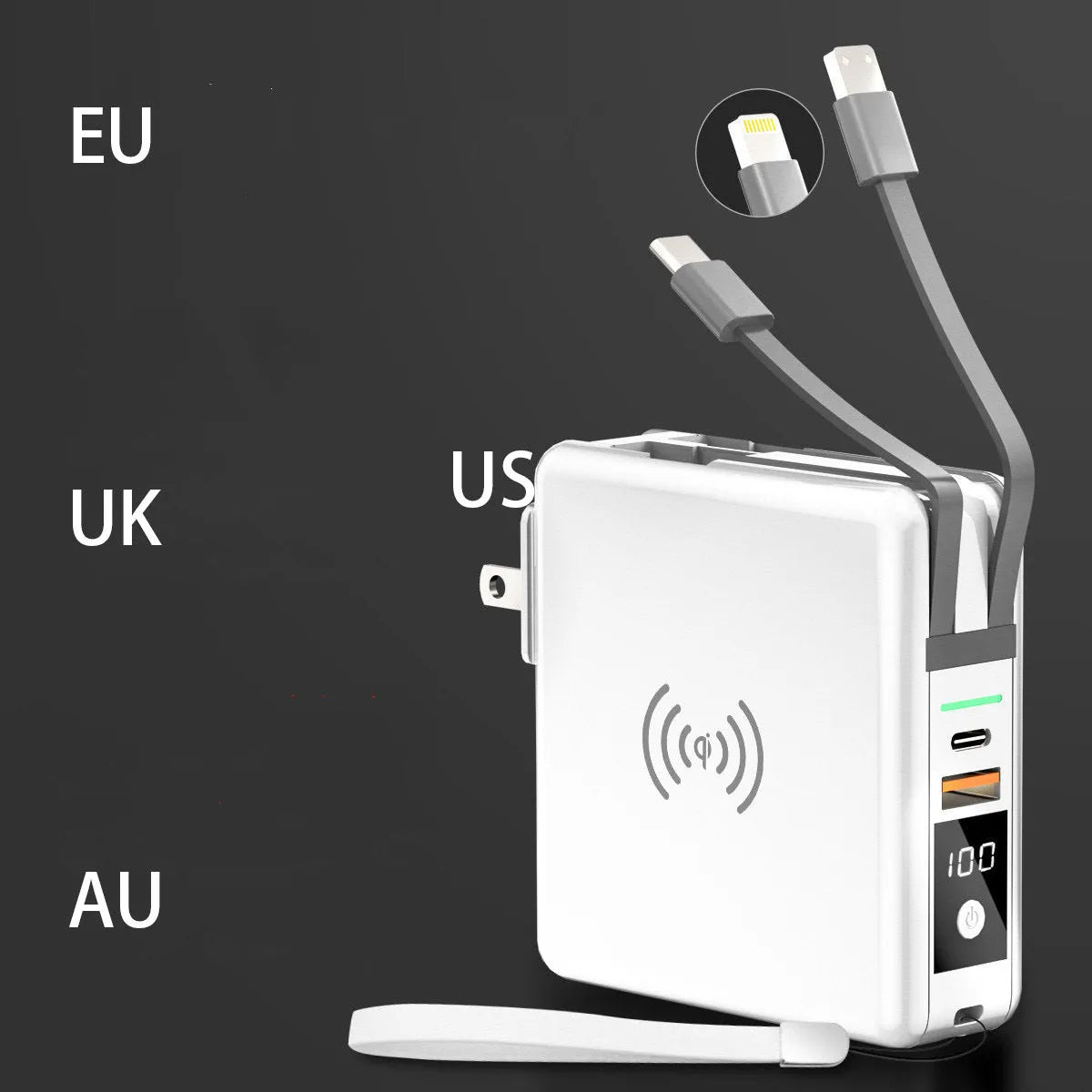 Black and white 10000mAh power bank with wireless charging surface and foldable plug