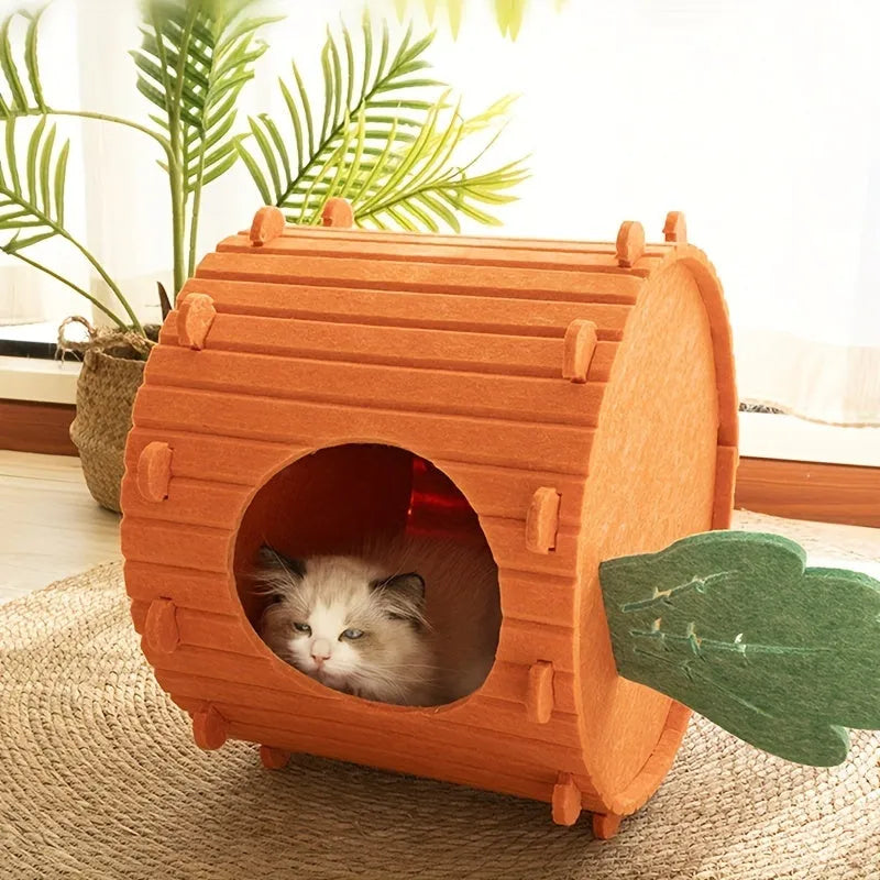 Carrot-shaped grey felt cat nest with a tunnel entrance, shown in two sizes for indoor cats.