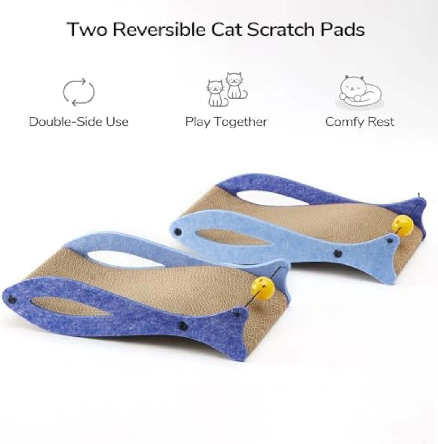 Blue fish-shaped cat scratcher with corrugated cardboard construction and hanging bell ball toy