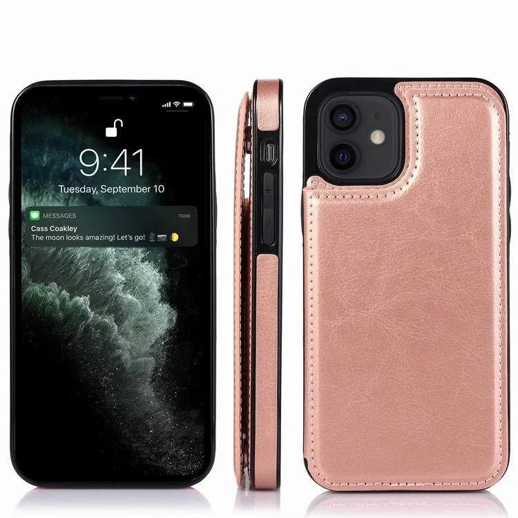 Crazy horse pattern PU TPU phone case with double buckle bracket holster for iPhone 13 Pro Max in brown colour