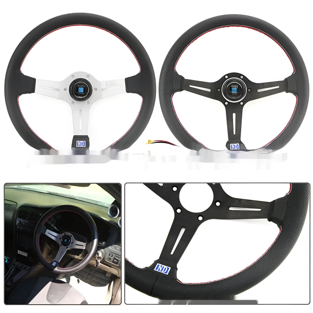 14-inch leather steering wheel with concave middle grip in black skeleton frame