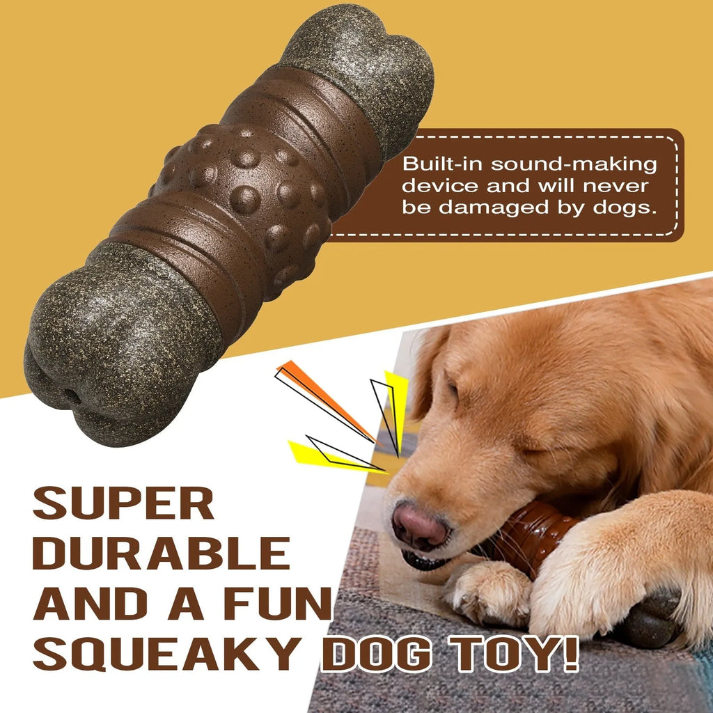 Wood-coloured plastic bone-shaped dog toy with textured molar rod design for chewing and teeth cleaning.