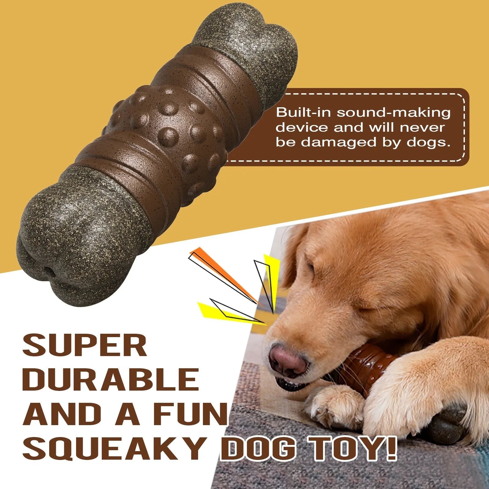 Wood-coloured plastic bone-shaped dog toy with textured molar rod design for chewing and teeth cleaning.