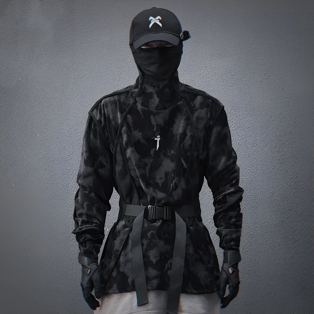 Men's black tie dye finger turtleneck sweater with full print pattern and drop shoulder sleeves