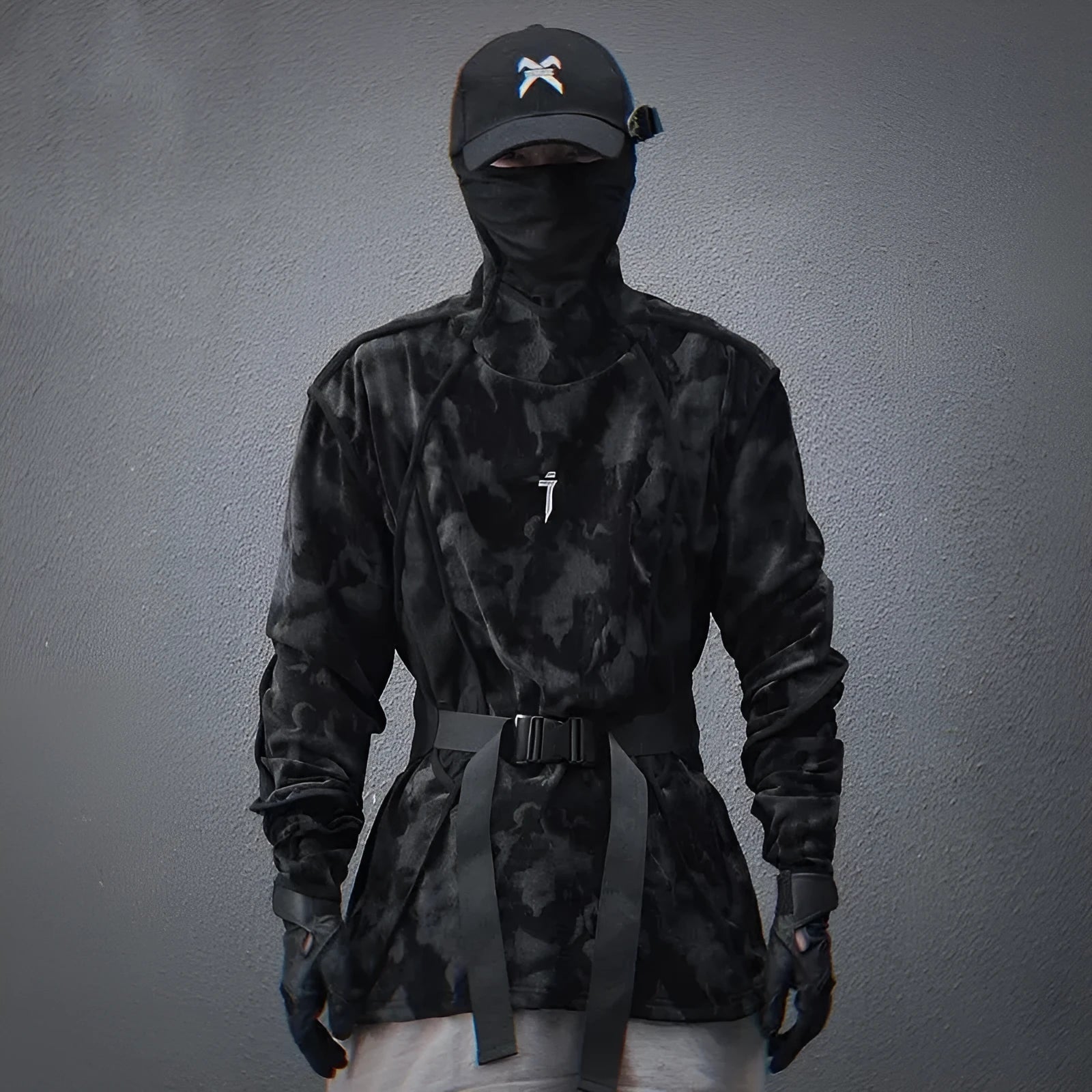 Men's black tie dye finger turtleneck sweater with full print pattern and drop shoulder sleeves