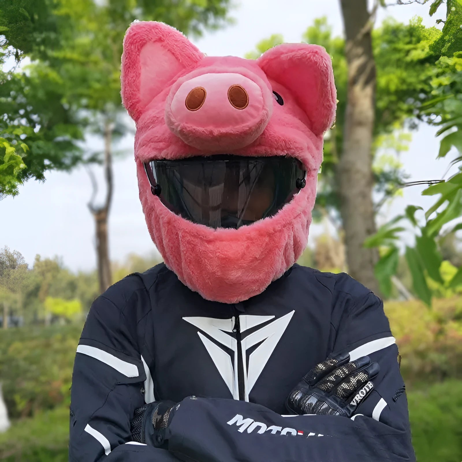 Pink pig cartoon design plush hood made from pv velvet cloth for motorcycle helmet protection.