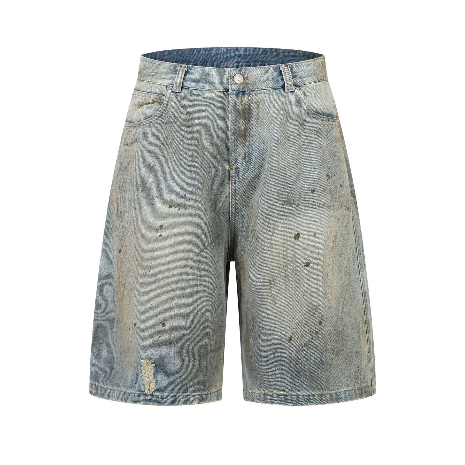 Women's blue cropped washed denim straight-leg trousers with zipper fly on hanger