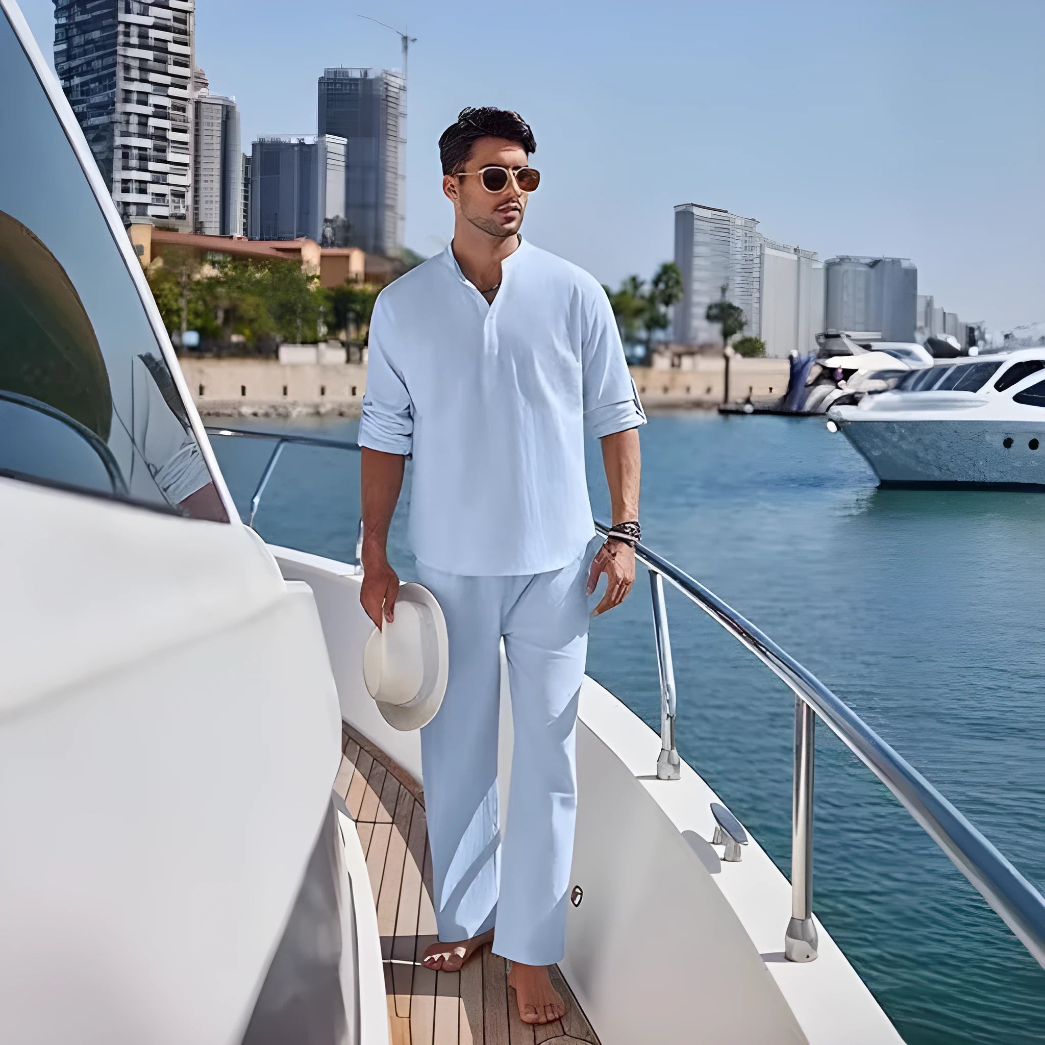 Cotton men's long sleeve trousers suit in solid colour for casual leisure wear